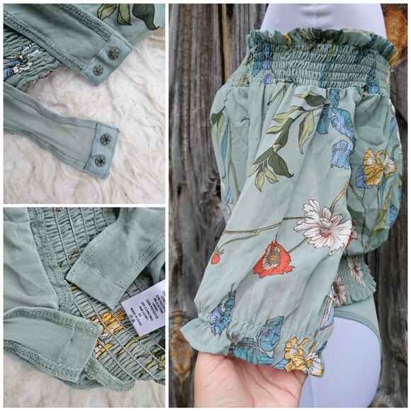 OffShoulder Bodysuit ASTR Lucy Size XS Sage Green Floral Smocked Ruffle Crop NWT - Picture 5 of 9